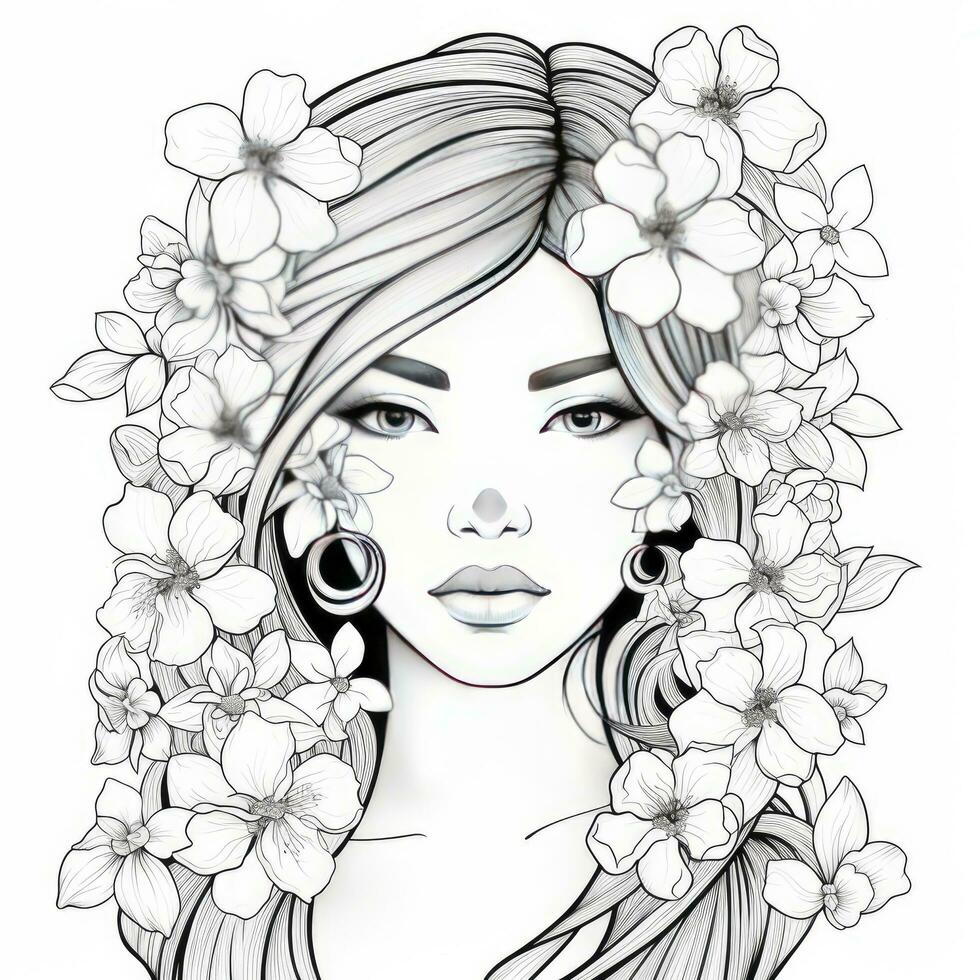 AI generated A girl on a coloring book page with Jasmine flowers. AI Generated photo