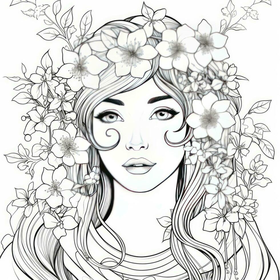 AI generated A girl on a coloring book page with Jasmine flowers. AI Generated photo