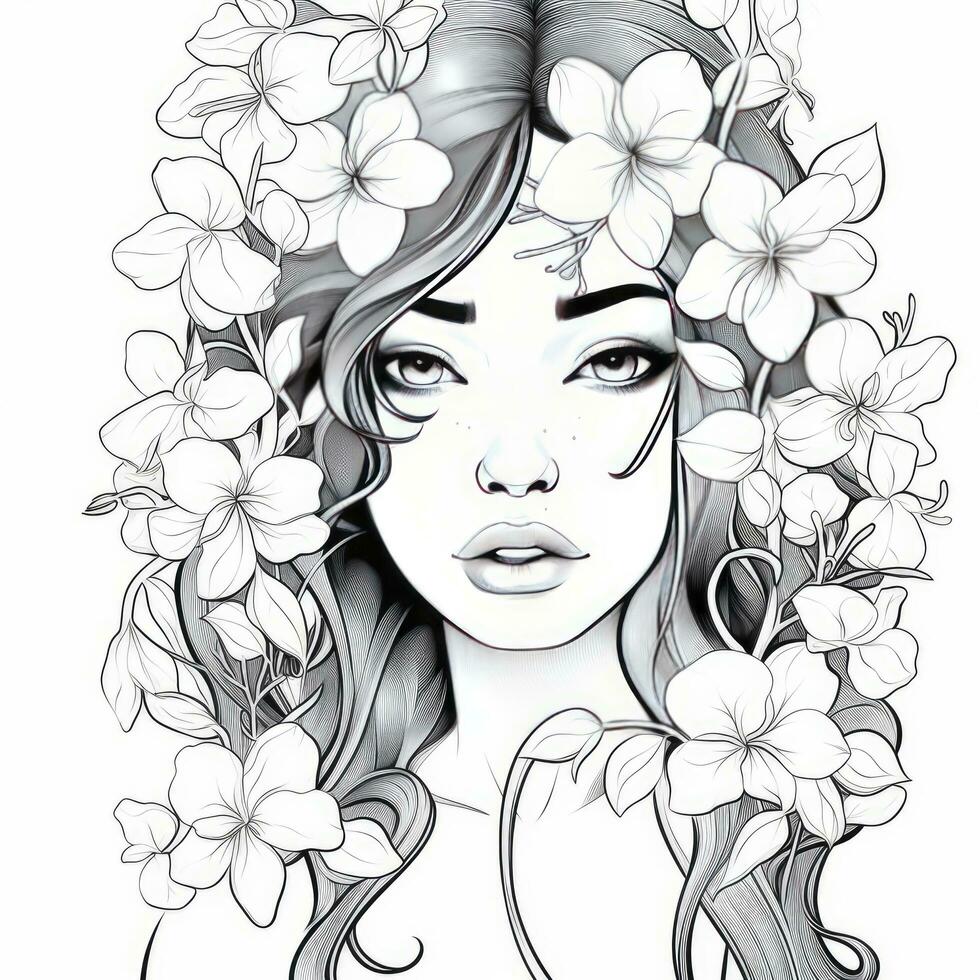 AI generated A girl on a coloring book page with Jasmine flowers. AI Generated photo