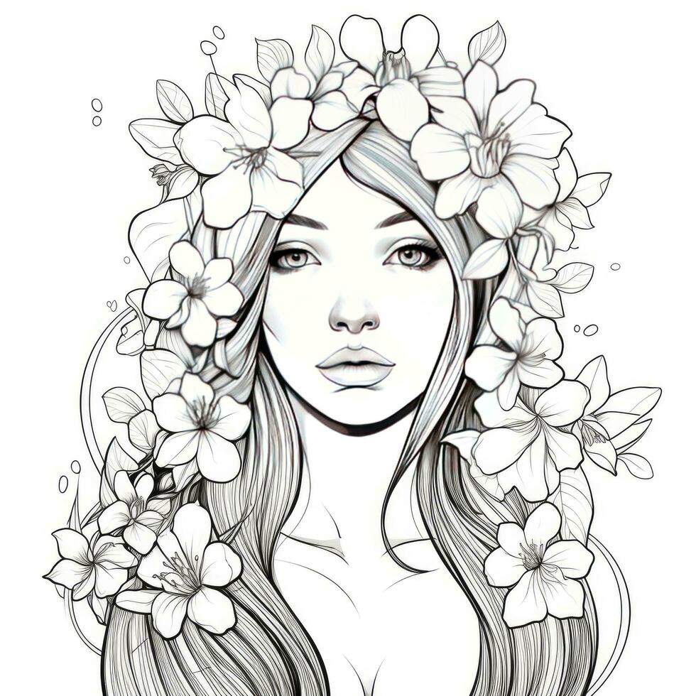 AI generated A girl on a coloring book page with Jasmine flowers. AI Generated photo