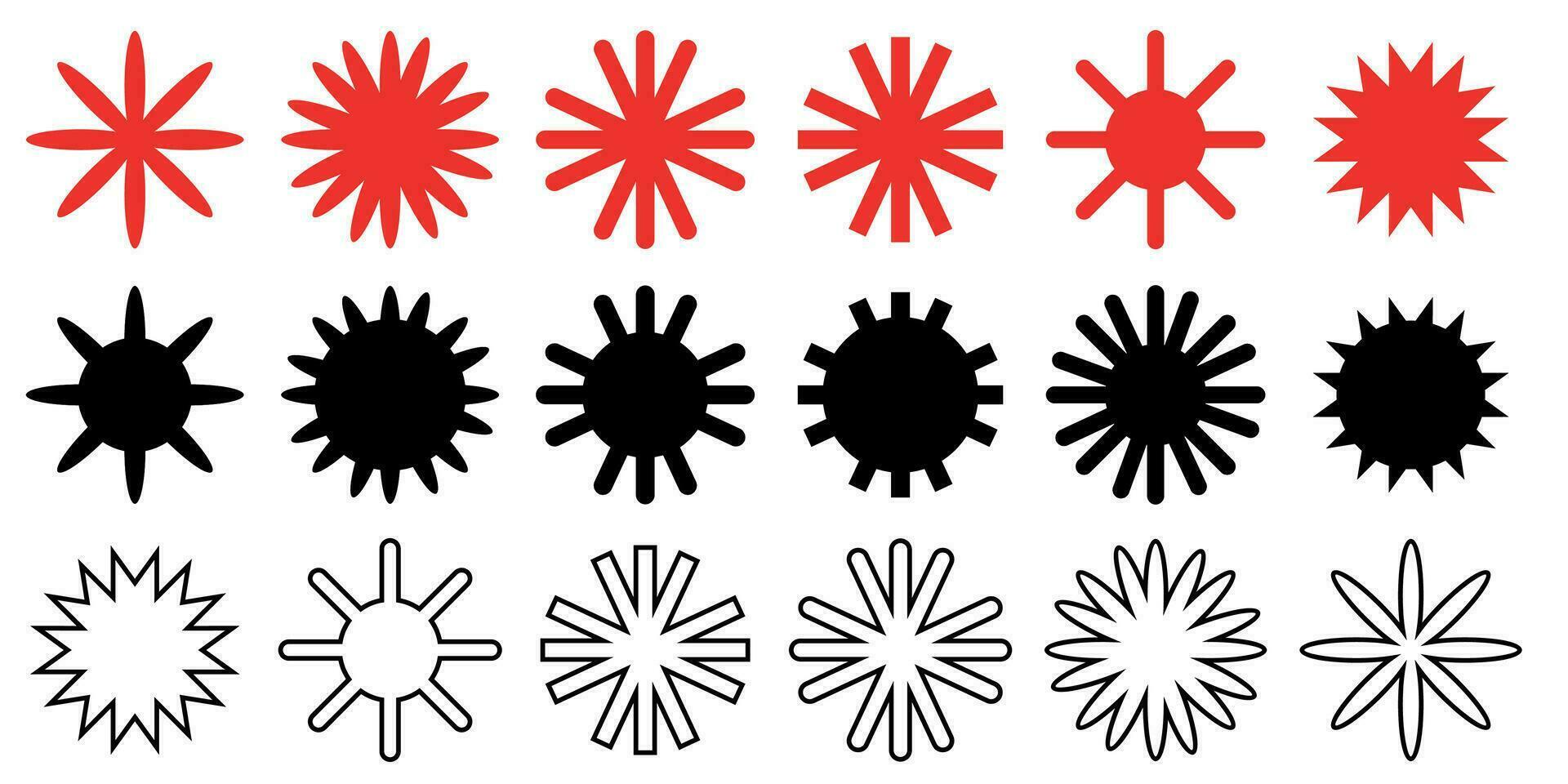 Collection of brutalism figure shapes, star flowers, sunlight frame designs. Brutalist icon. Floral circle elemen vector