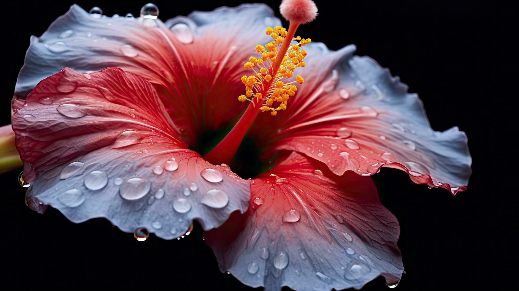 ai generado un hibisco flor con agua un oscuro antecedentes. foto