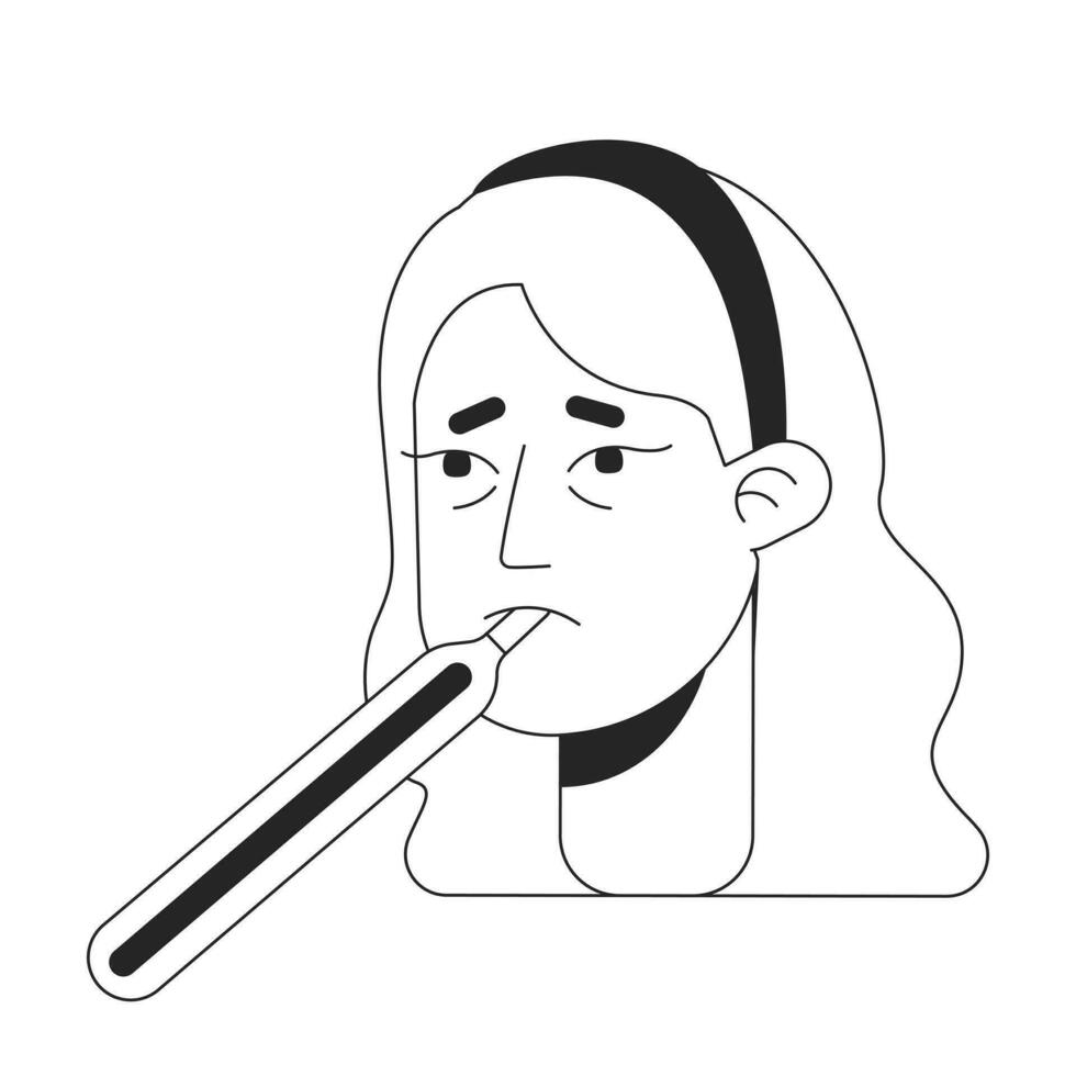 caucásico mujer tomando oral temperatura negro y blanco 2d vector avatar ilustración. rubia joven adulto hembra enfermo contorno dibujos animados personaje cara aislado. estacional gripe plano usuario perfil imagen