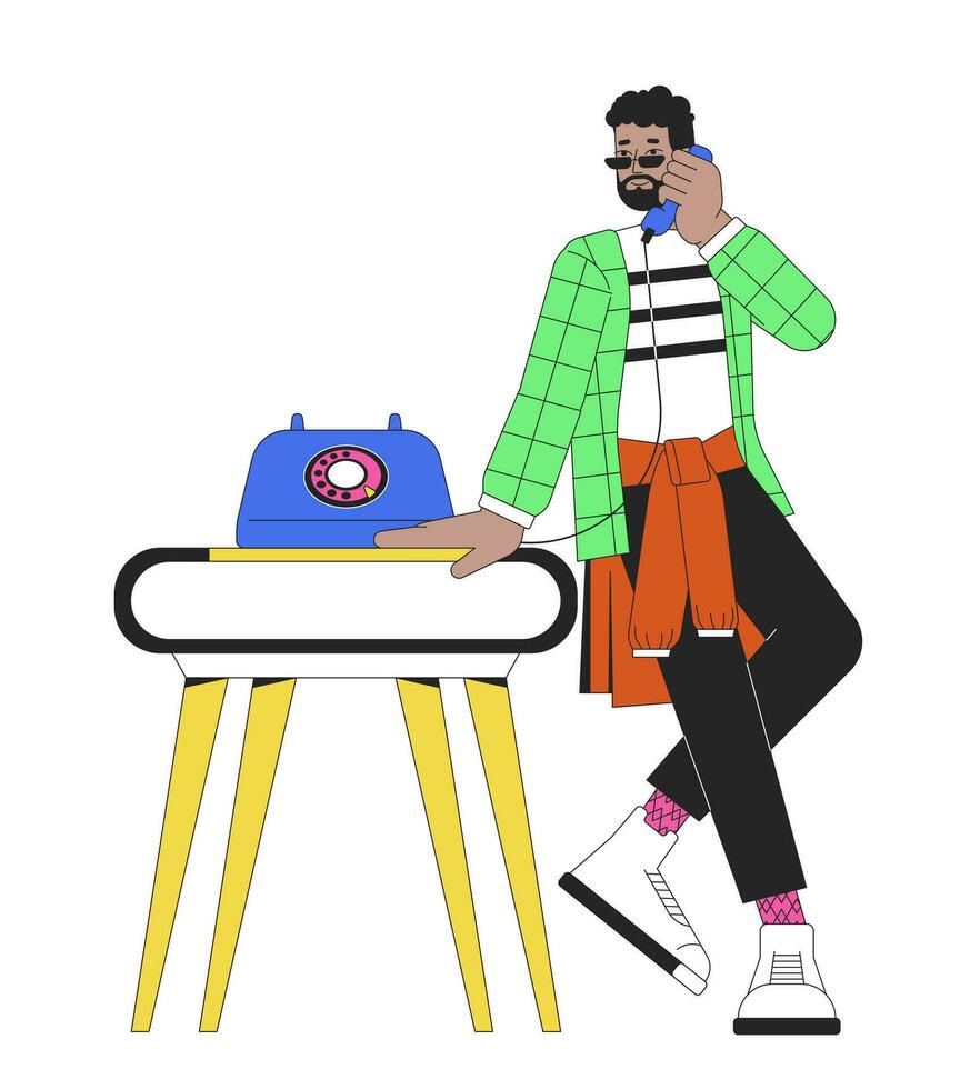 Talking on rotary dial phone line cartoon flat illustration. Black guy sunglasses call making 80s 2D lineart character isolated on white background. Nostalgia fashion scene vector color image