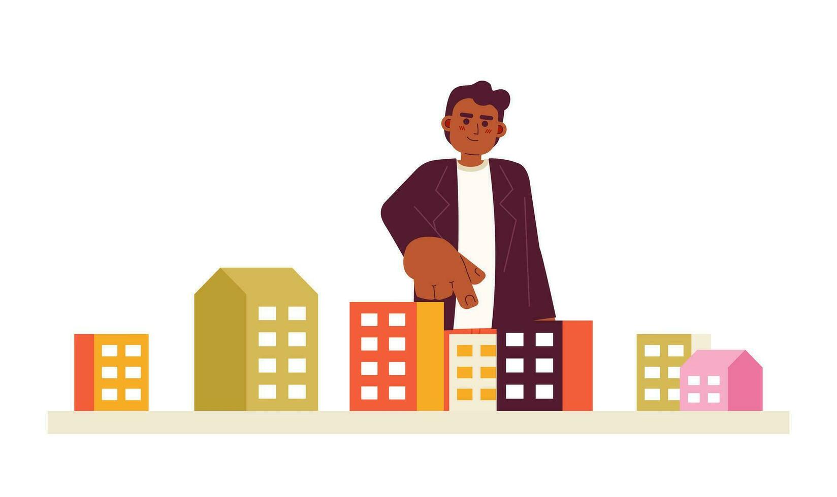 African american young adult man pointing condo 2D cartoon character. Casual business black guy isolated vector person white background. Male choosing house to buy color flat spot illustration