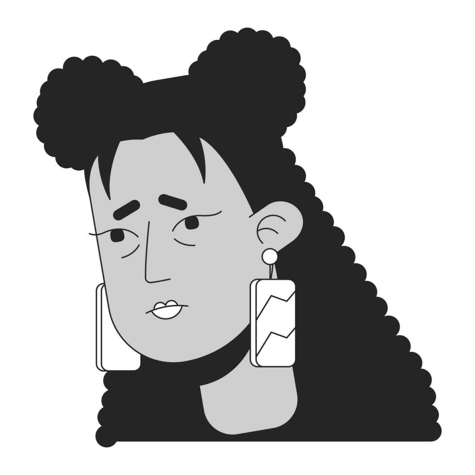 gripe latina mujer cansado negro y blanco 2d vector avatar ilustración. Hispano joven adulto sufrimiento desde fatiga contorno dibujos animados personaje cara aislado. triste niña pendientes plano usuario perfil imagen