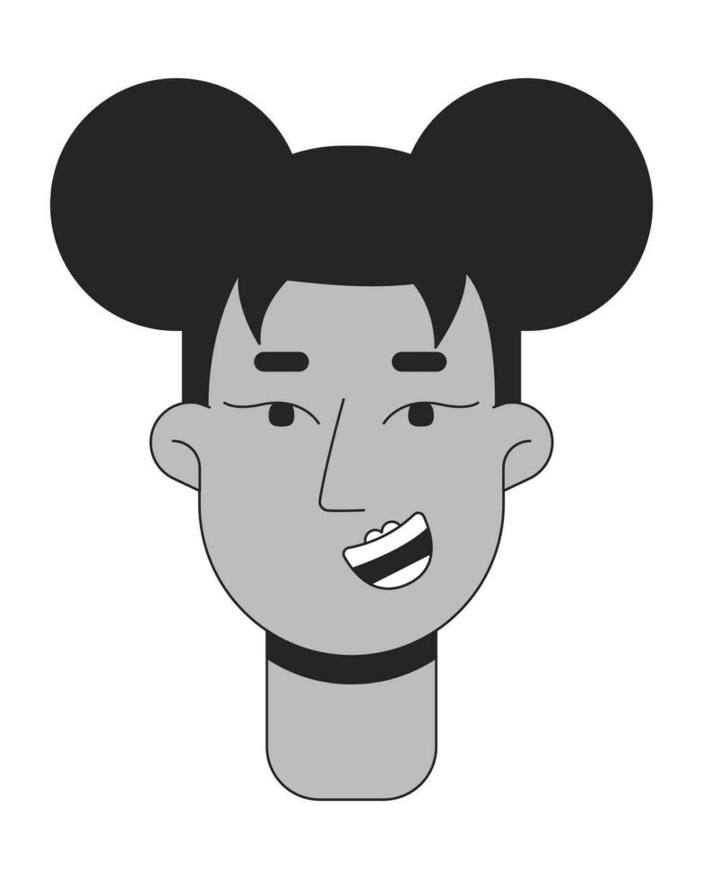 dos espacio bollos mujer africano americano negro y blanco 2d vector avatar ilustración. negro hembra joven adulto contorno dibujos animados personaje cara aislado. con dientes radiante niña plano usuario perfil imagen