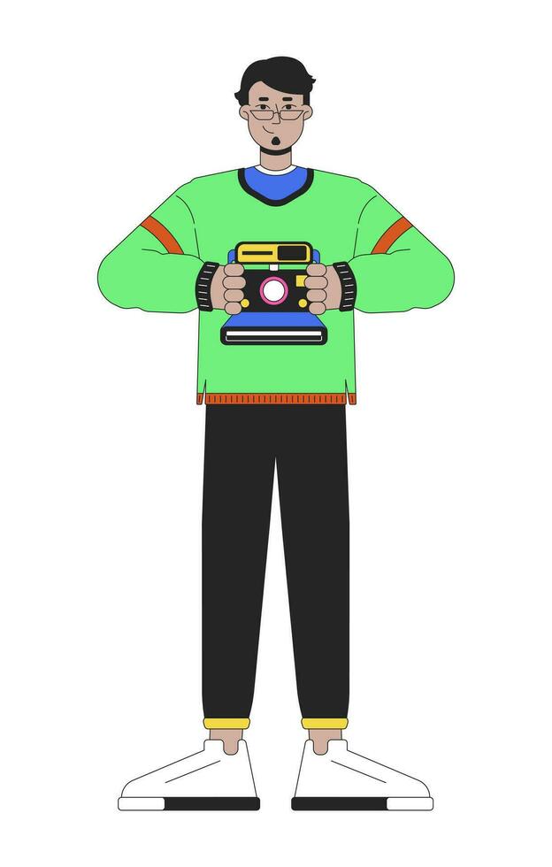 80s retro style photographer line cartoon flat illustration. Eyeglasses arab man taking instant pictures 2D lineart character isolated on white background. Nostalgia fashion scene vector color image