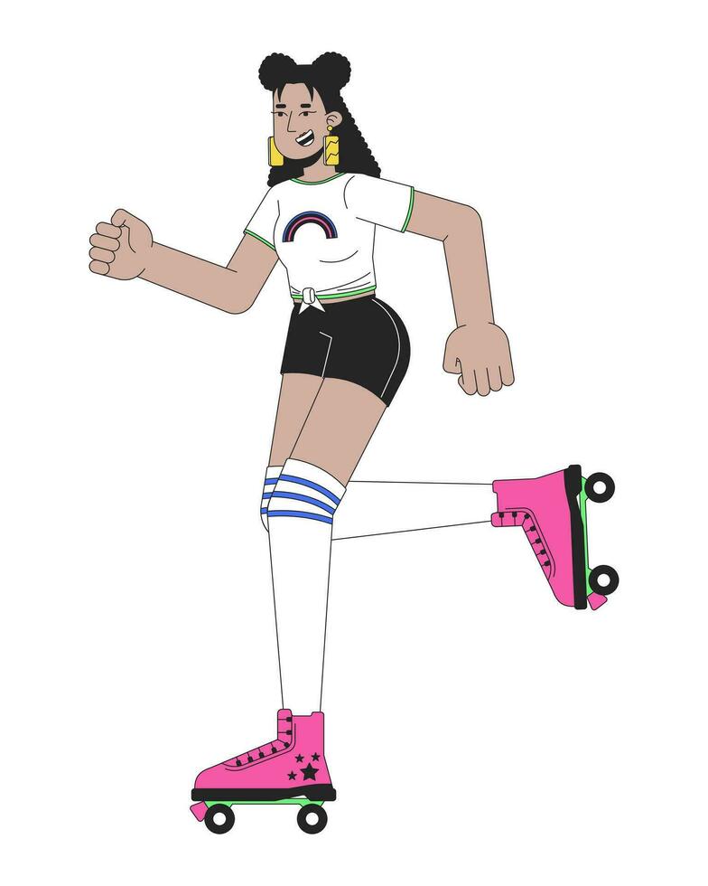 Roller disco girl line cartoon flat illustration. 1980s rollerblading latina woman with knee high socks 2D lineart character isolated on white background. Nostalgia fashion scene vector color image