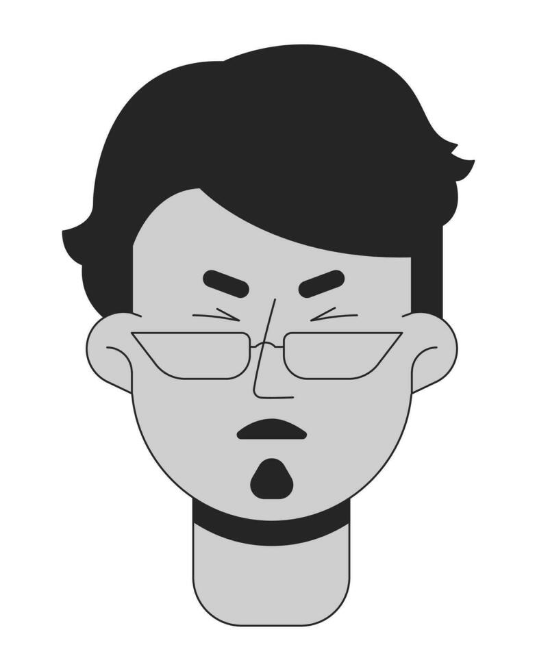 Arab eyeglasses man wincing in pain black and white 2D vector avatar illustration. Beard middle eastern male outline cartoon character face isolated. Suffering frowning guy flat user profile image