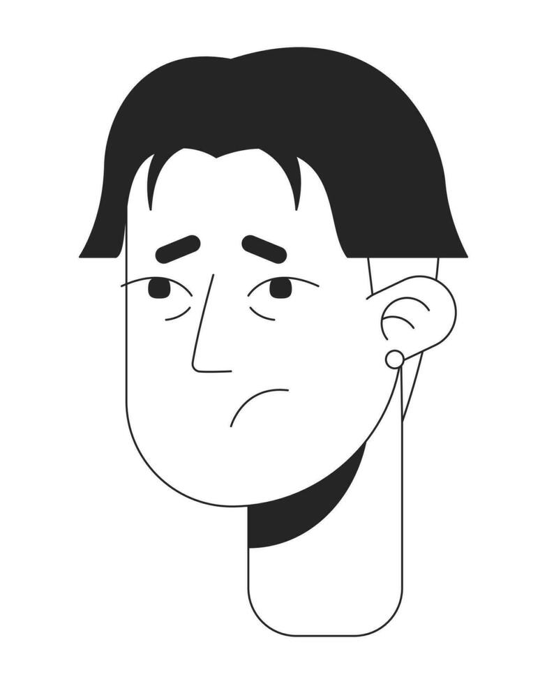Sick adult asian man with bags under eyes black and white 2D vector avatar illustration. Worried uneasy korean male outline cartoon character face isolated. Young adult flu flat user profile image