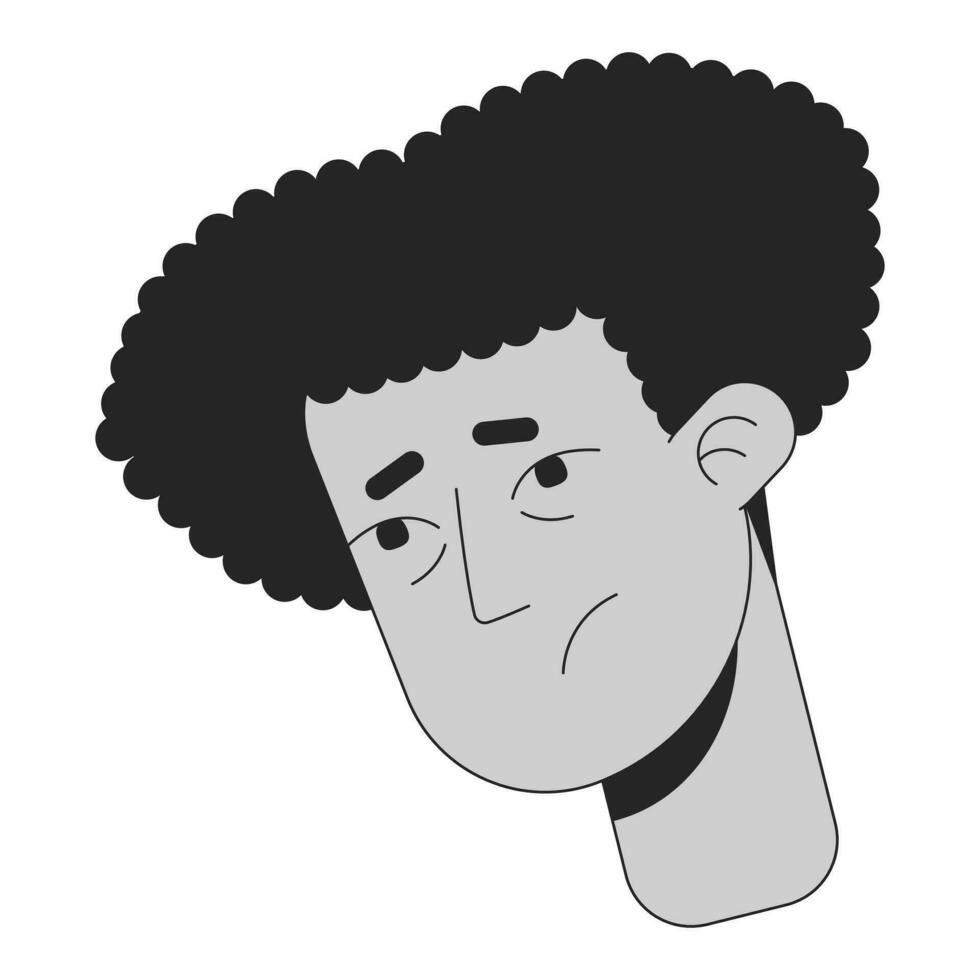 Sick hispanic young adult man black and white 2D vector avatar illustration. Sad hanging head male latin american outline cartoon character face isolated. Guy suffering ill flat user profile image