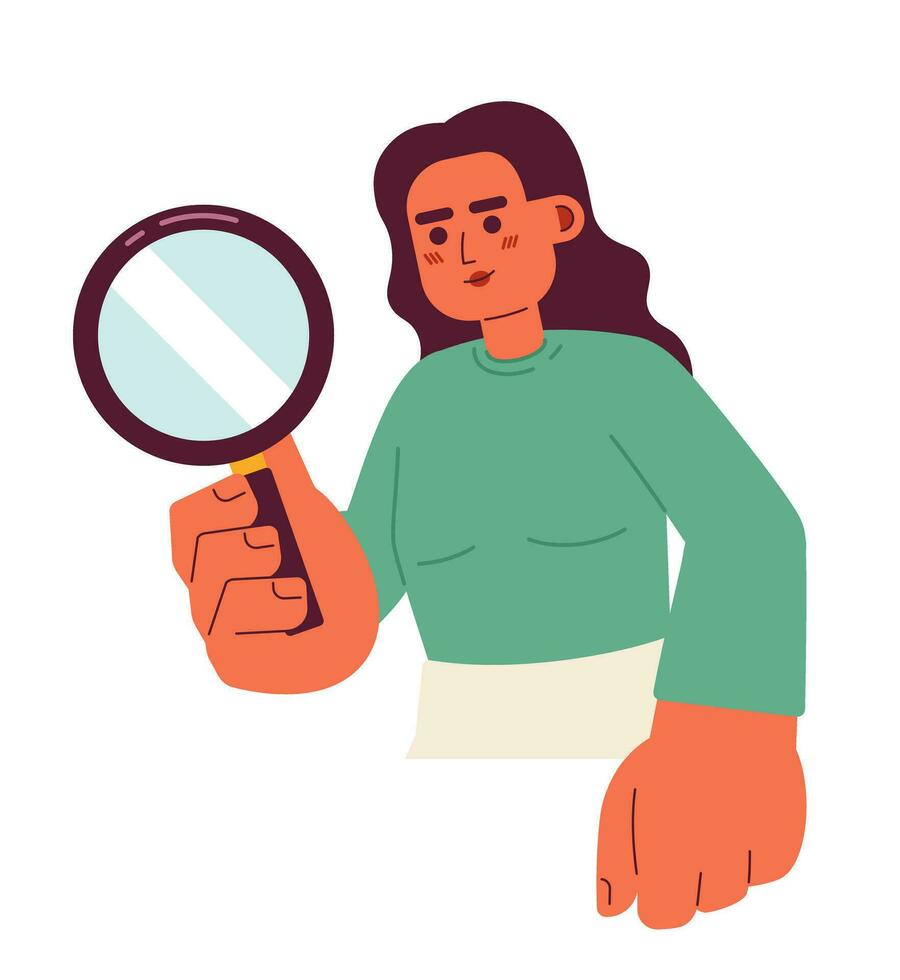 Female detective magnifying glass 2D cartoon character. Researcher young woman south asian isolated vector person white background. Indian lady looking through loupe color flat spot illustration