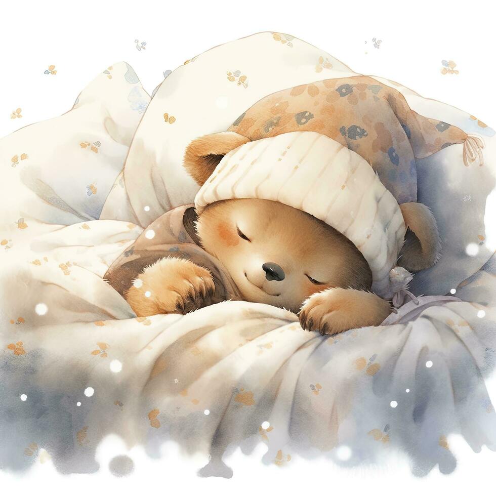 AI generated A sleepy baby bear in a bedding. watercolor illustration. AI Generated photo