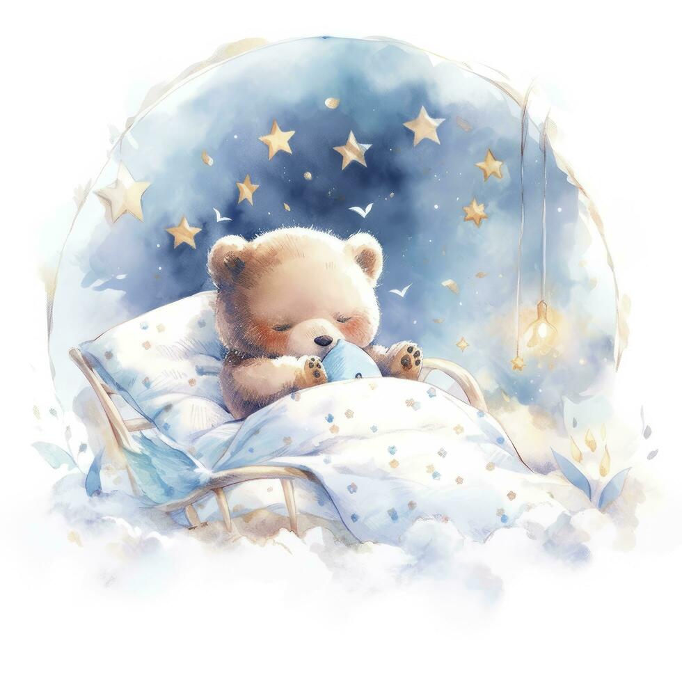 AI generated A sleepy baby bear in a bedding. watercolor illustration. AI Generated photo