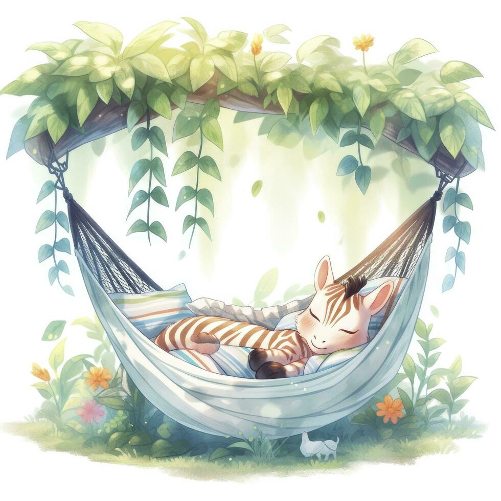 AI generated A sleepy baby zebra in a hammock. watercolor illustrations. AI Generated photo