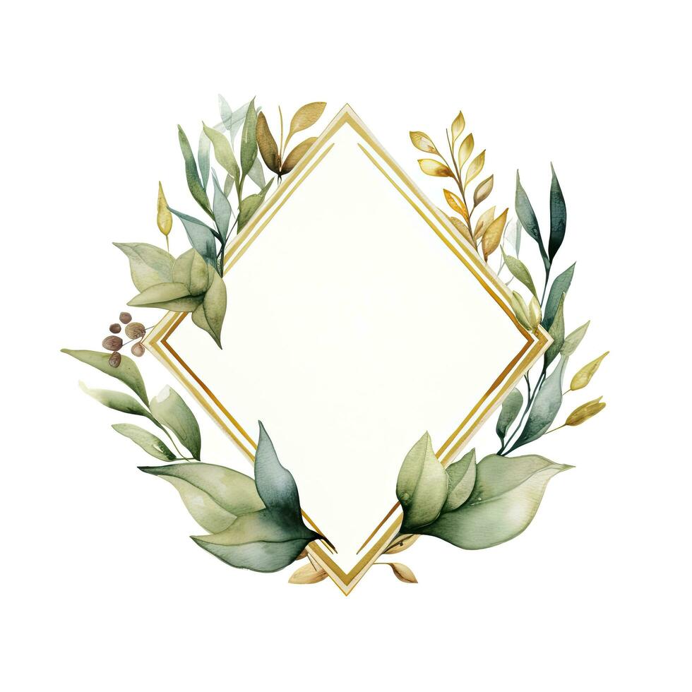 AI generated Watercolor geometry shape wreath with green leaf. AI Generated photo