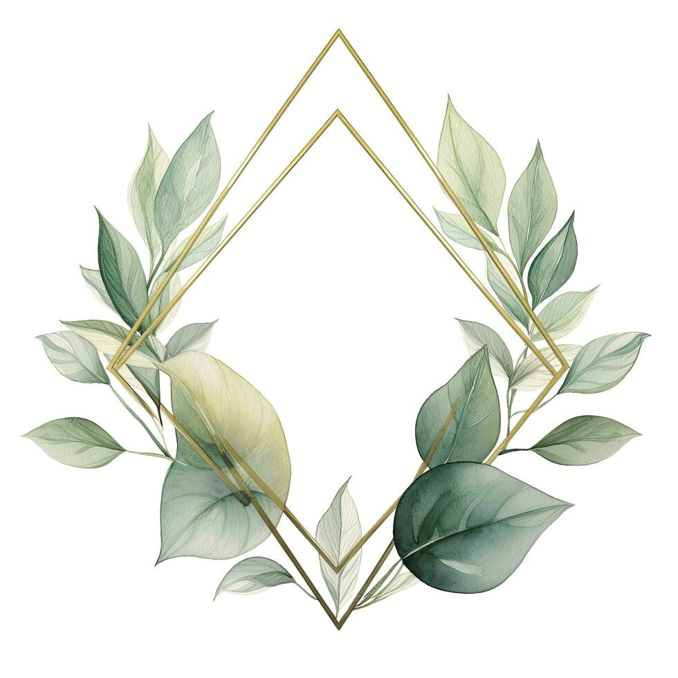 AI generated Watercolor geometry shape wreath with green leaf. AI Generated photo