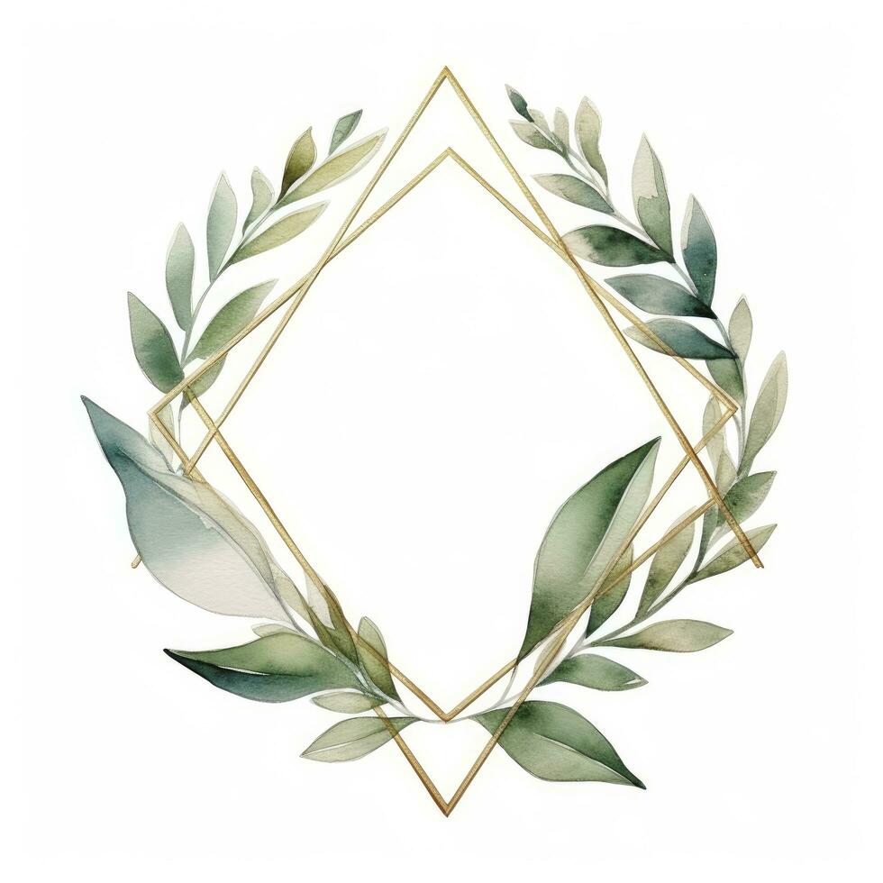 AI generated Watercolor geometry shape wreath with green leaf. AI Generated photo