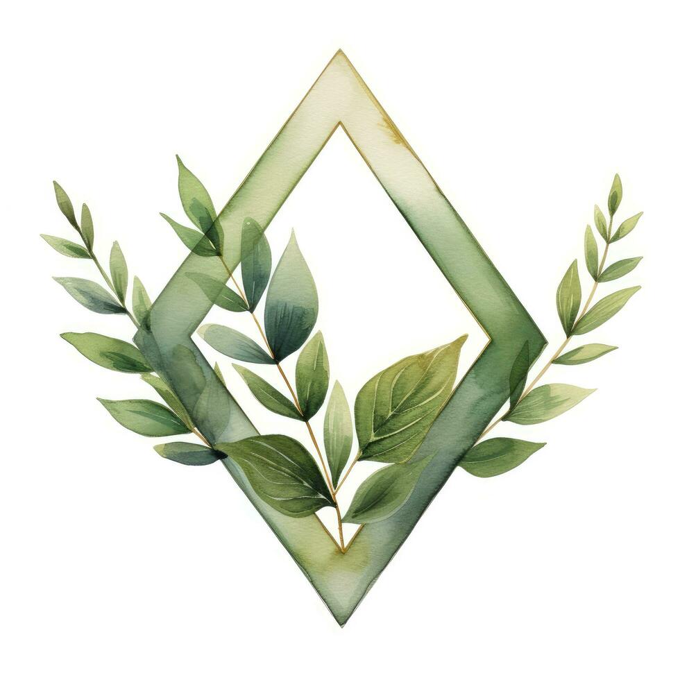 AI generated Watercolor geometry shape wreath with green leaf. AI Generated photo