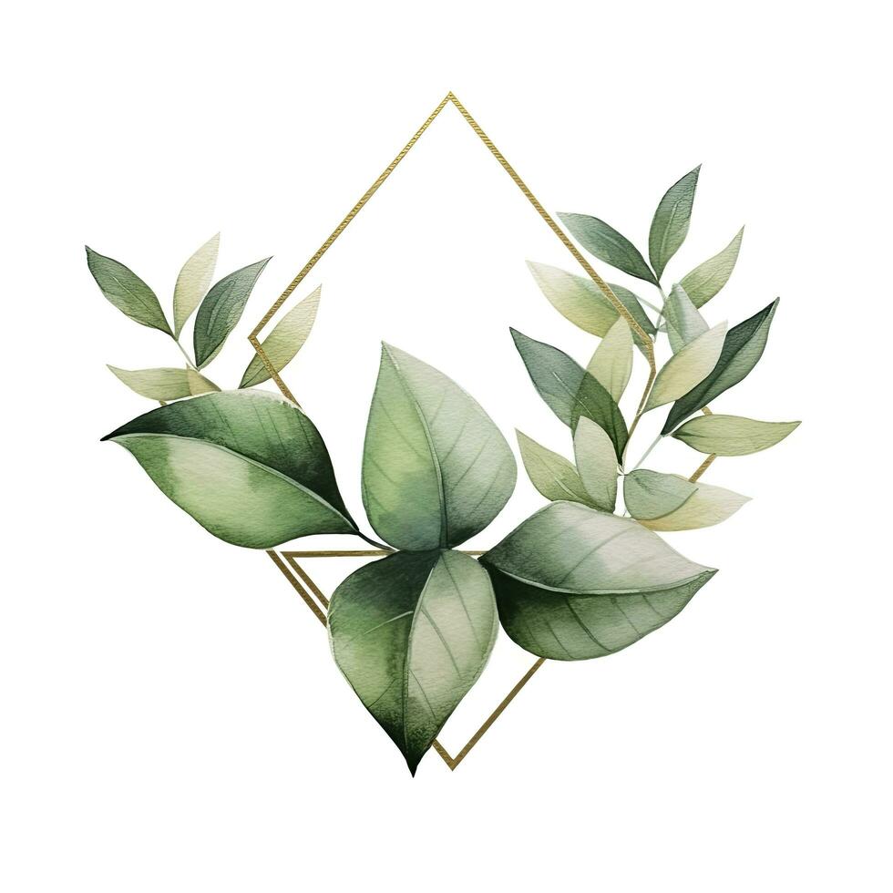 AI generated Watercolor geometry shape wreath with green leaf. AI Generated photo