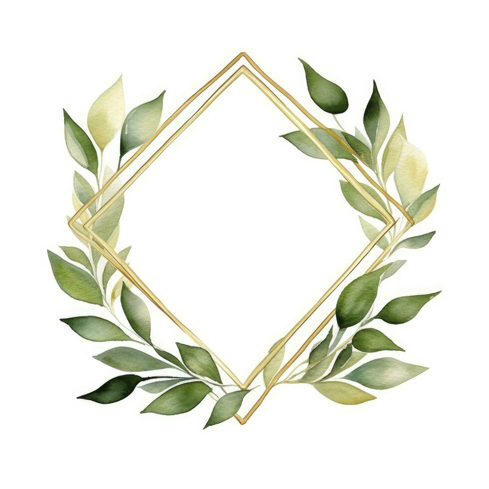 AI generated Watercolor geometry shape wreath with green leaf. AI Generated photo