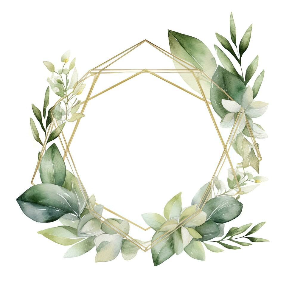 AI generated Watercolor geometry shape wreath with green leaf. AI Generated photo