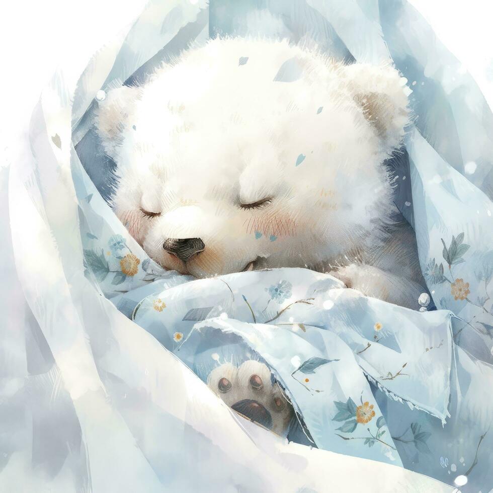 AI generated A sleepy baby white bear in bedding. watercolor illustrations. AI Generated photo