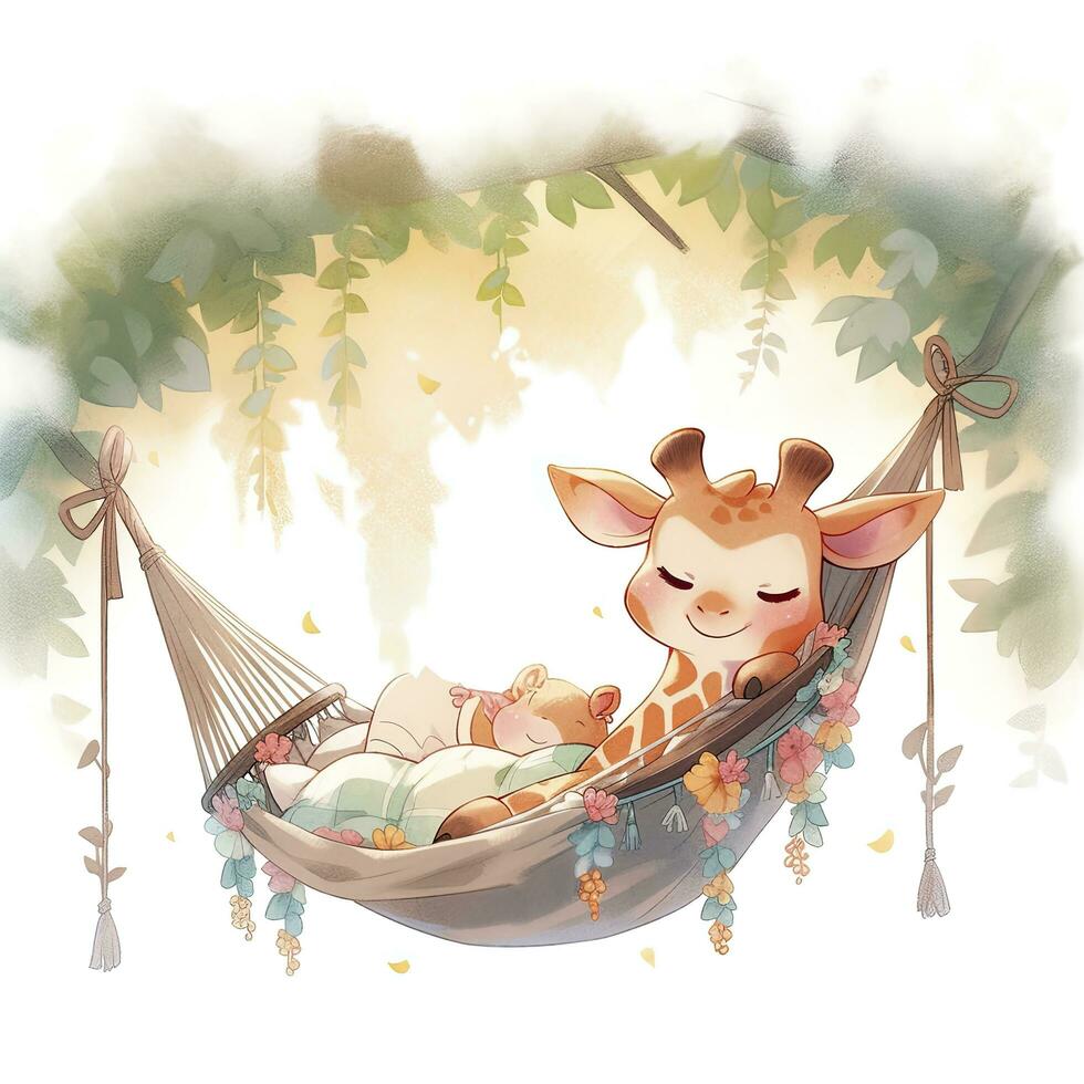 AI generated A sleepy baby giraffe in a hammock. watercolor. photo