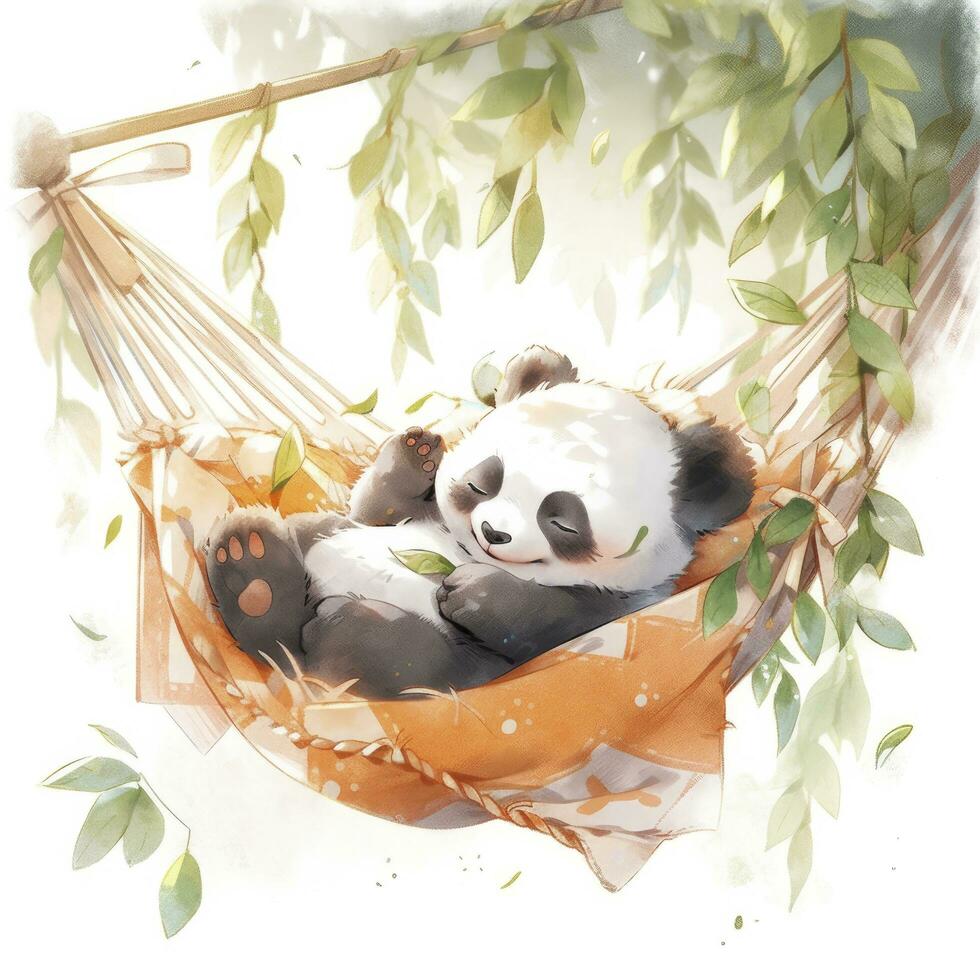 AI generated A sleepy baby panda in a hammock. photo