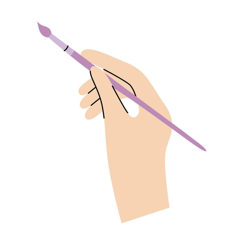 Hand with paint brush in flat hand drawn style. Modern vector illustration perfect for art item or stationery shop decoration