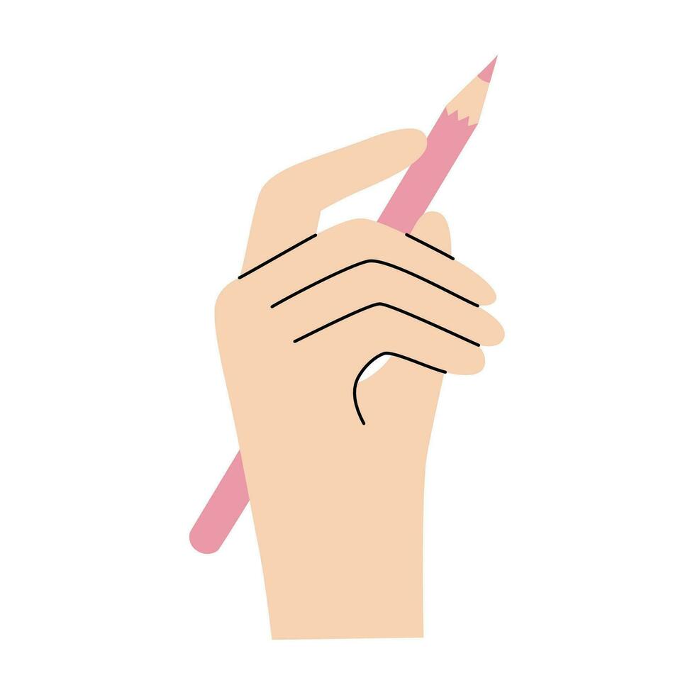 Hand with pencil in flat hand drawn style. Modern vector illustration perfect for art item or stationery shop decoration