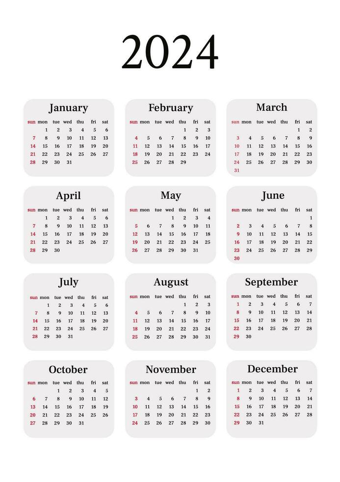 Beige and white simple calendar 2024. Vertical one sheet with all monthes. Week start on Sunday. A4 A3 A2 A5 vector