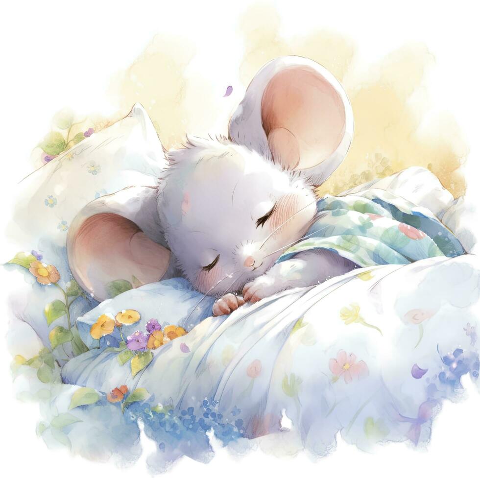 AI generated A sleepy baby mouse in a bedding, watercolor illustration.  AI Generated photo