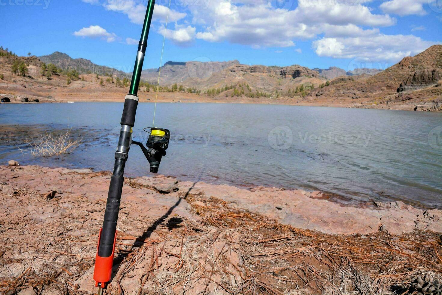 a fishing rod and reel on the shore of a lake photo