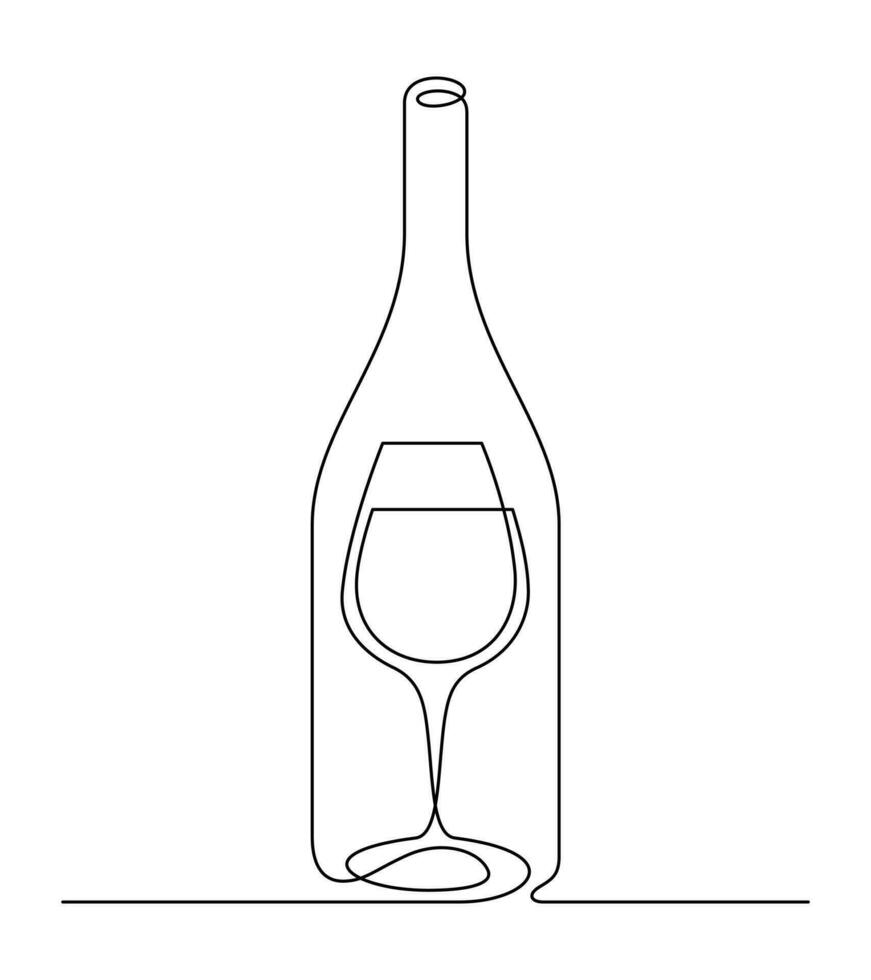 vino minimalismo Delgado línea Arte continuo cristalería y botella ilustración vector