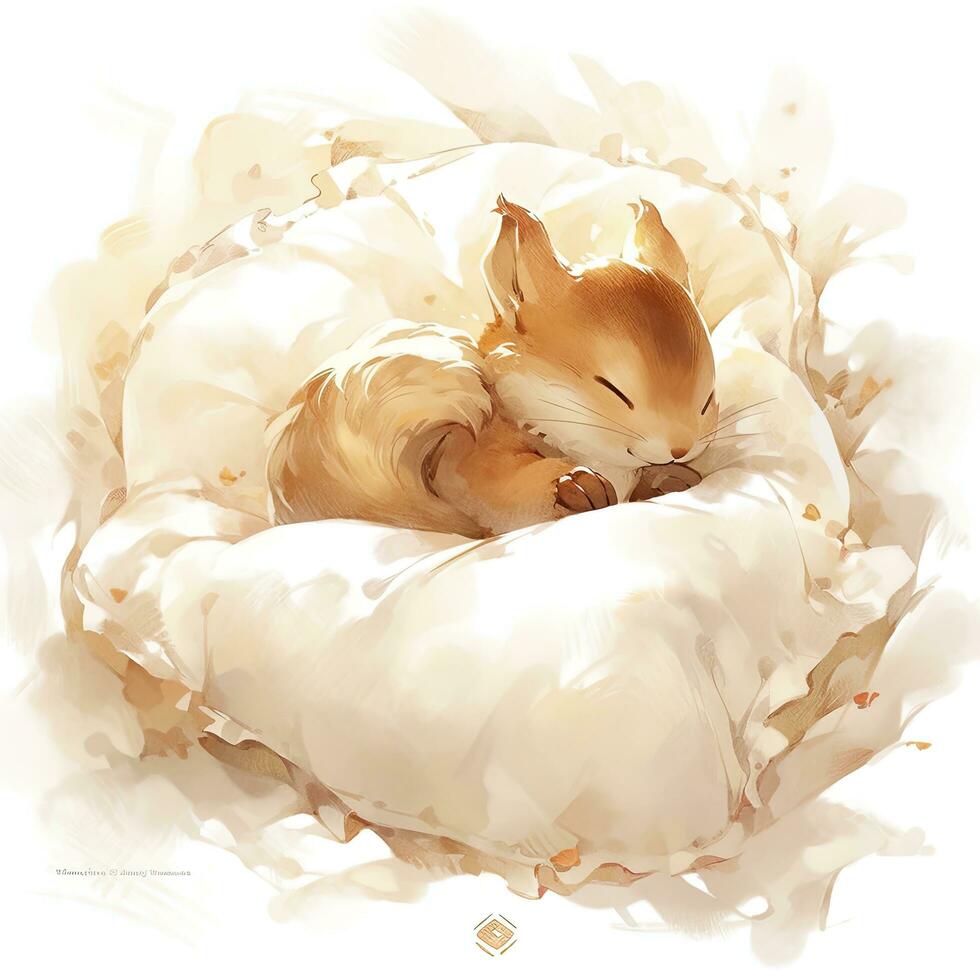 AI generated A sleepy baby squirrel in a bedding. watercolor illustration. AI Generated photo