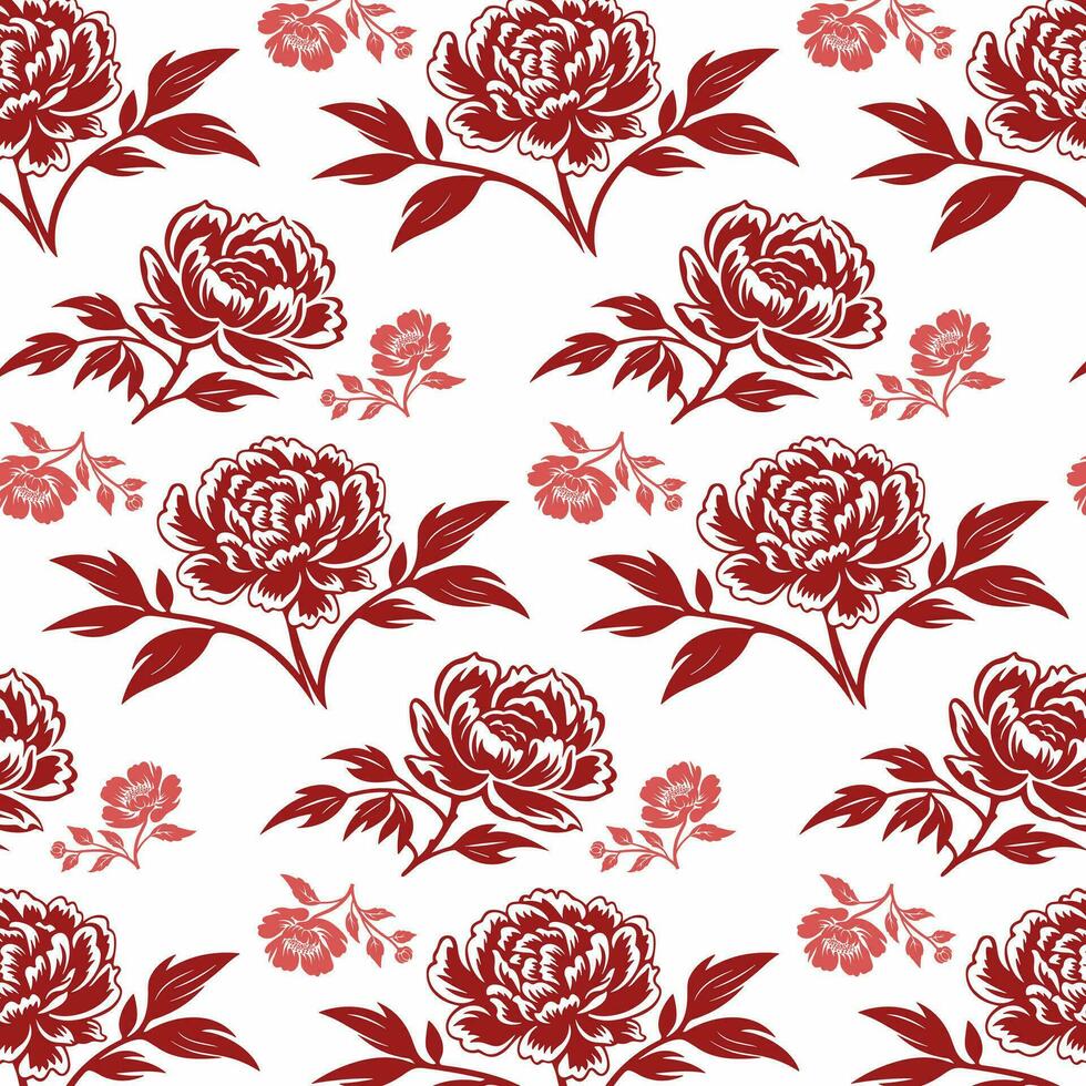 Seamless Pattern of Detailed Red Roses and Varied Leaves on a White Background vector