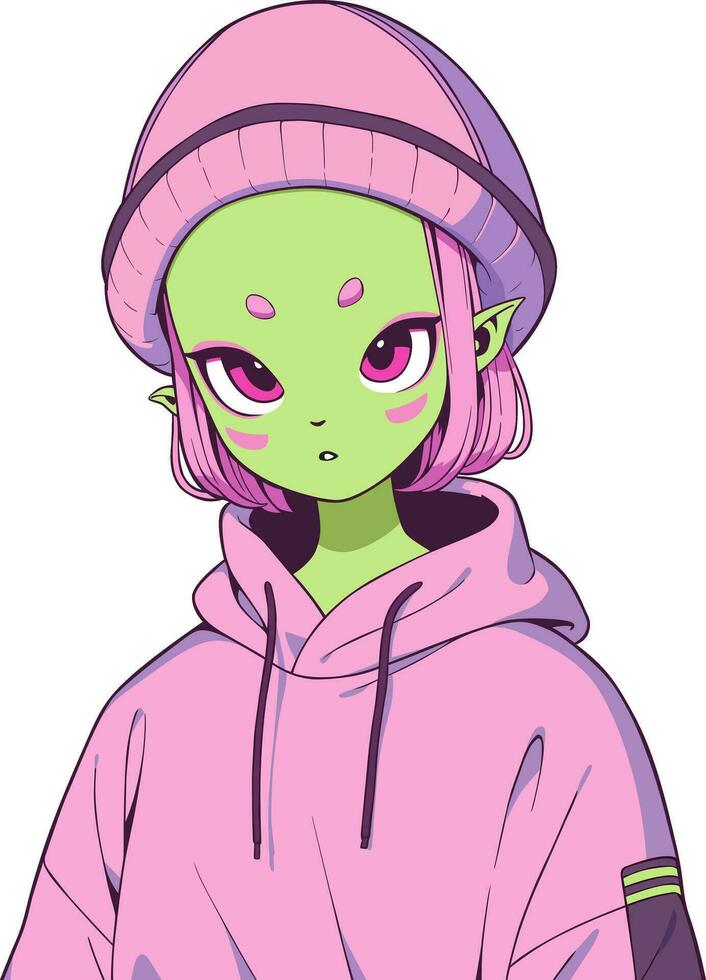 Portrait of a pretty green skinned anime alien girl wearing a hoodie and a beanie vector