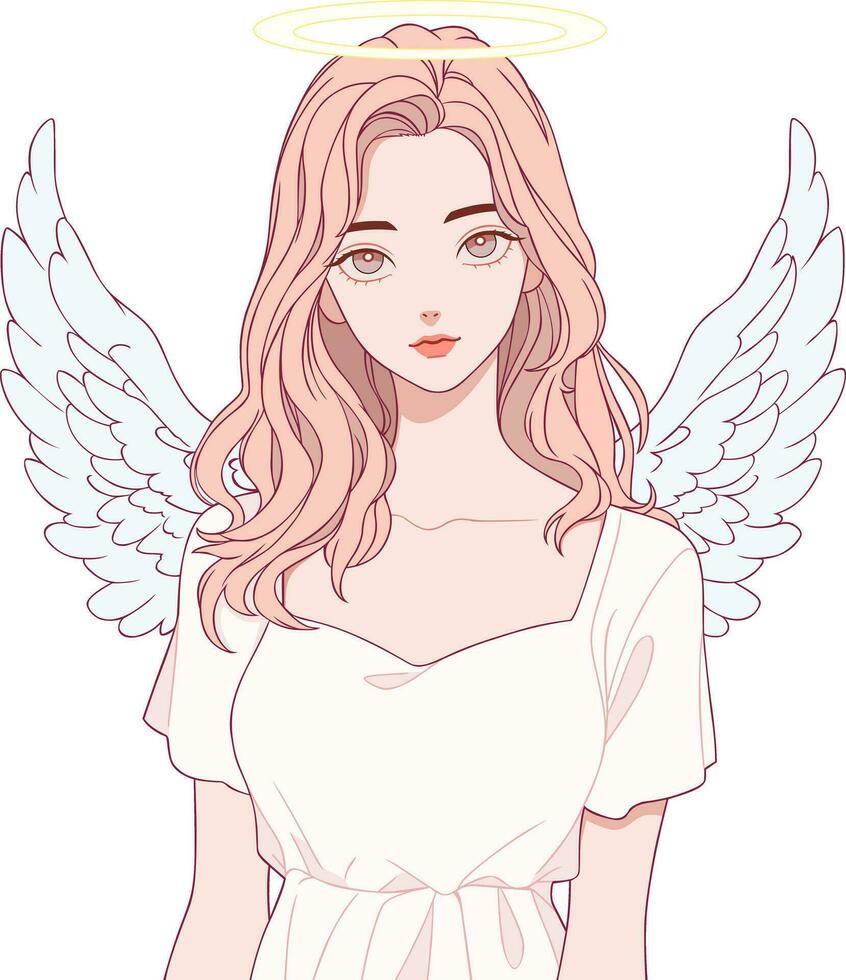 Portrait of a pretty female angel wearing a white dress vector