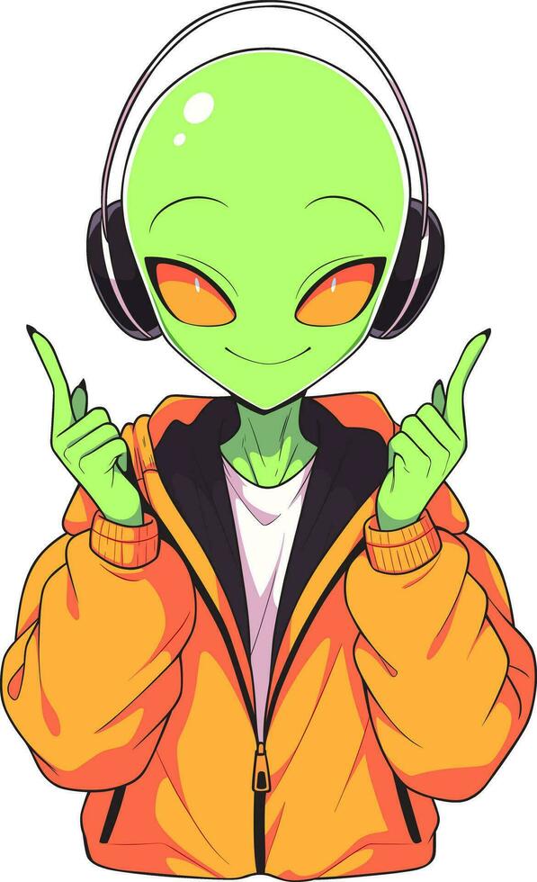 Happy green alien wearing a jacket and listening to music with headphones vector