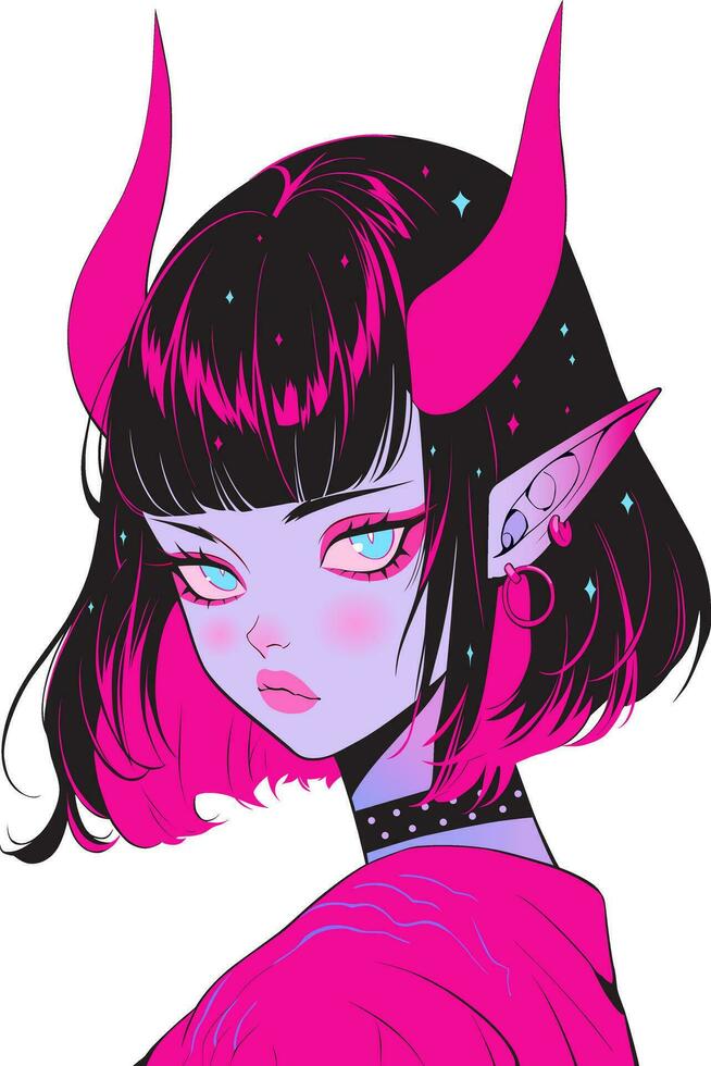 Pretty anime demon girl with horns vector