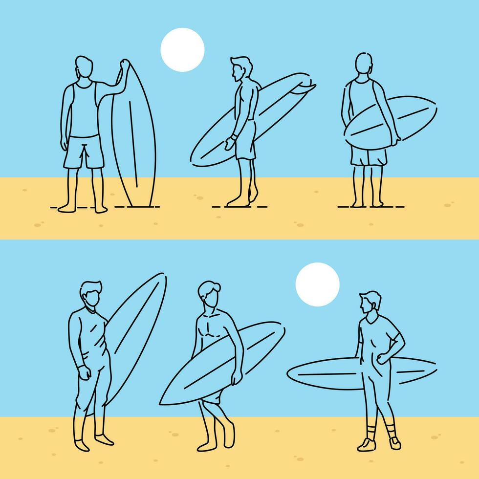 Surfer Holding Surfboard on Summer Beach Sport Vector Illustration