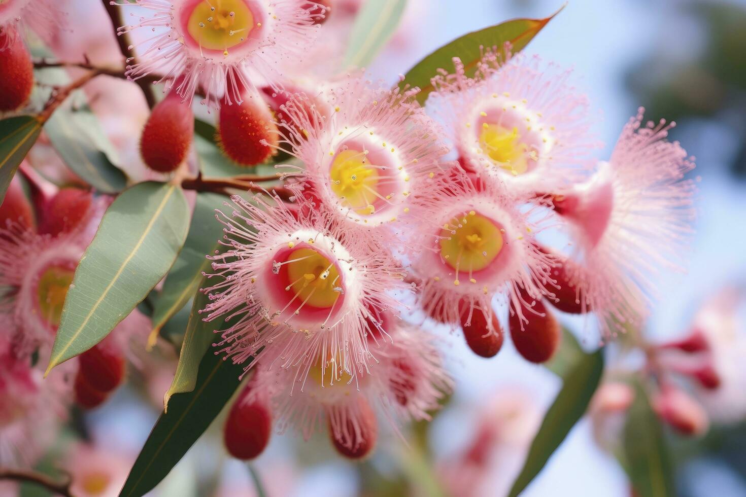 AI generated Beautiful Gum tree pink flowers and buds. AI Generated photo