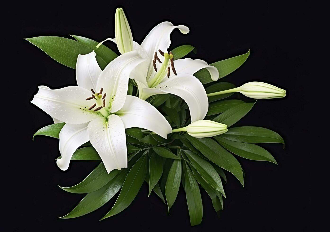 AI generated Beautiful fresh lily flower with green leaves, isolated on white background. AI Generated photo