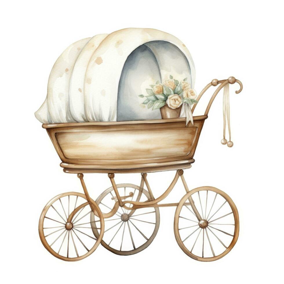 AI generated Watercolor Baby carriage Clipart on white background. AI Generated photo