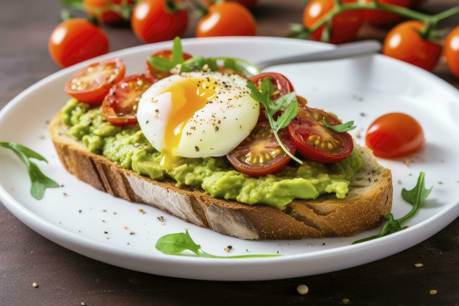 AI generated Avocado toast with eggs and roasted tomatoes. AI Generated photo