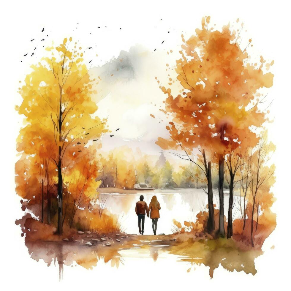 AI generated Watercolor autumn landscape with a couple walking. AI Generated photo