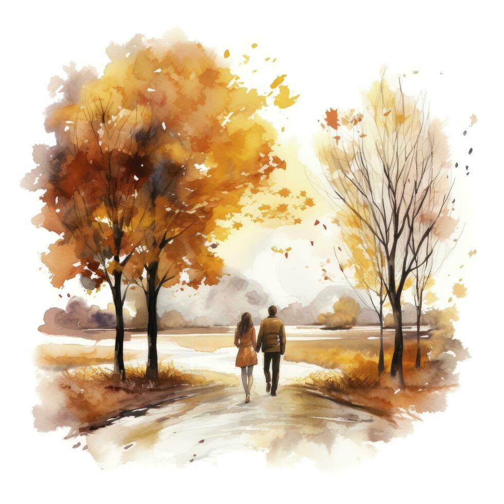 AI generated Watercolor autumn landscape with a couple walking. AI Generated photo