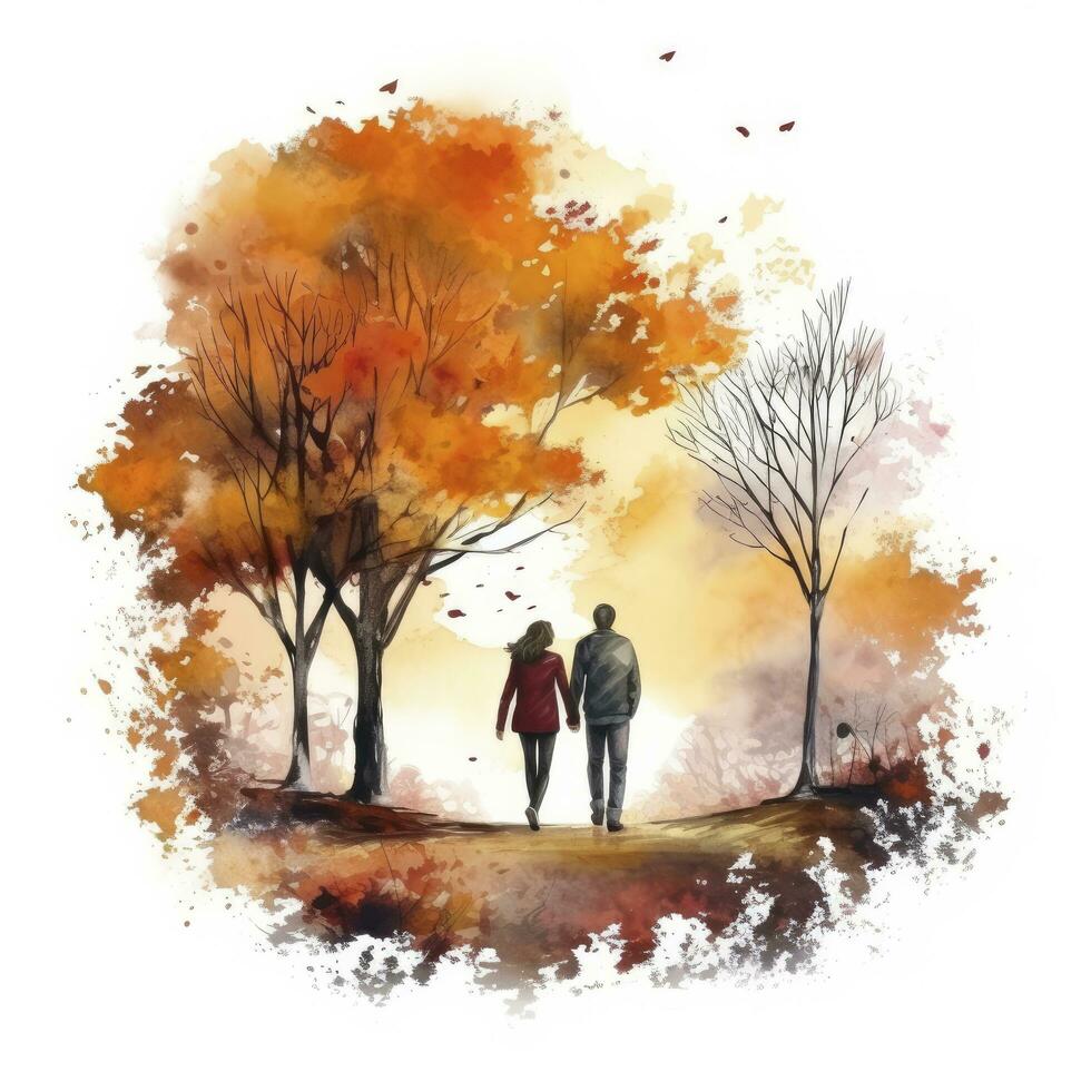 ai generado acuarela otoño paisaje con un Pareja caminando. ai generado foto